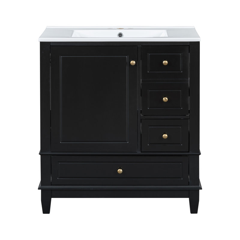 Meuble-lavabo noir avec lavabo, 30 po, corps robuste, porte à fermeture douce, une tablette de porte et 3 tiroirs à trois tiroirs