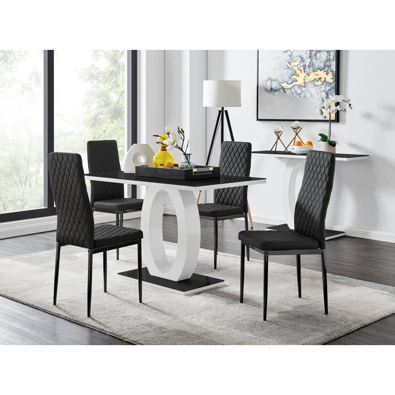 Scottsmoor High Gloss Halo Dining Table Set & 4 Luxury Faux Leather Dining Chairs - Modern Design, Black/Black