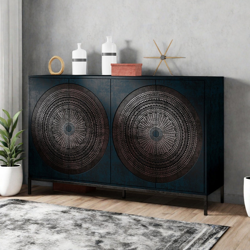 Buffet en bois sculpté rétro Light Light, Bleu très foncé