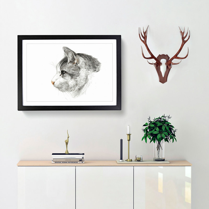 Portrait of a Cat by Jean Bernard - Picture Frame Drawing Print, 36cm H x 48cm W x 2cm D, Black Framed