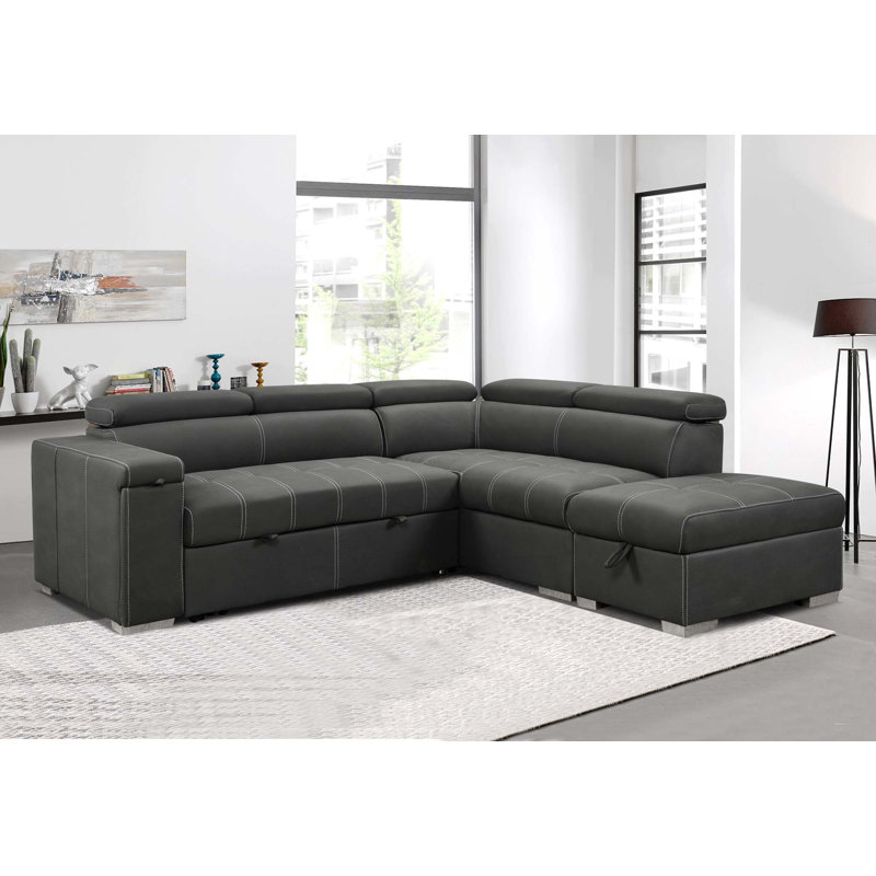Ensemble de canapé modulaire en forme de L 3 pièces avec lit gigogne et canapé 5 places, Microfibre grise