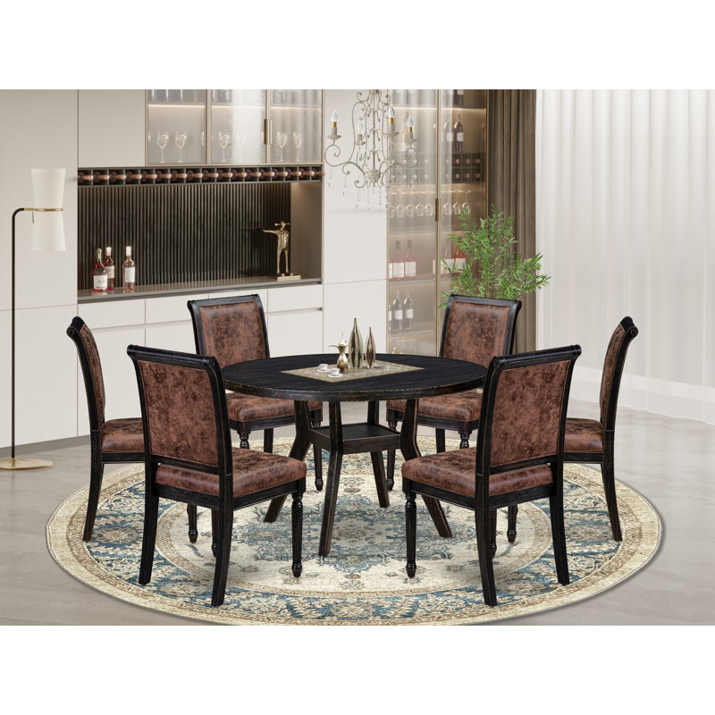 Ensemble de cuisine 7 pièces avec 6 chaises de salle à manger en polyester texturé brun, dossier haut et table de petit-déjeuner au fini noir sablé.