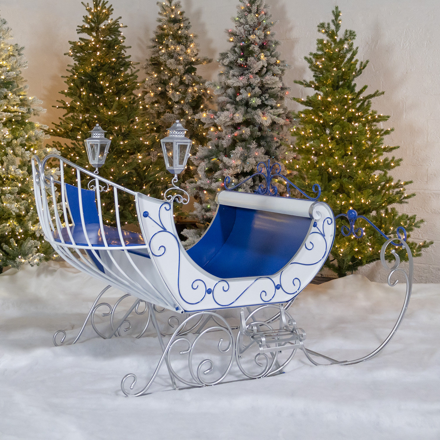 Large Victorian Christmas Sleigh Lawn Art, White/Blue/Silver