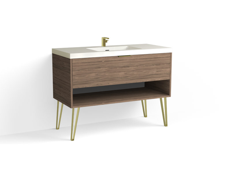 Modo 48" W Freestanding Single Bathroom Vanity with Dawson Leg, Gloss White/Single, Nocino, Satin Brass
