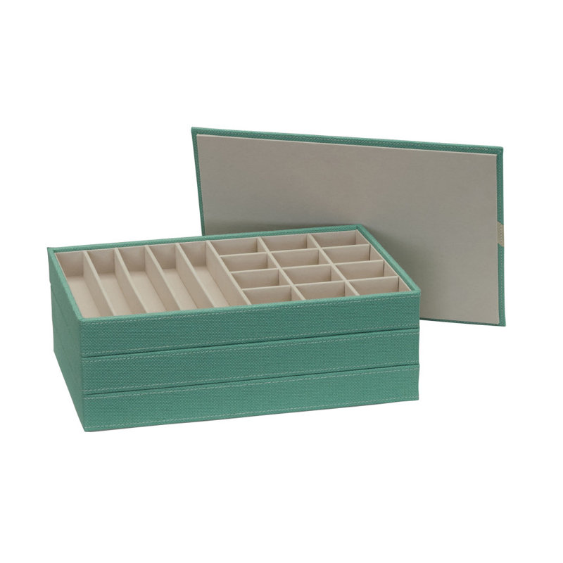 Kunzler 3-Tier Jewelry Tray, Sturdy Chipboard With Polyester Linen Wrap, Polyester Felt Lining, Many Compartments for Easy Jewelry Access, Stackable, Stylish and Functional