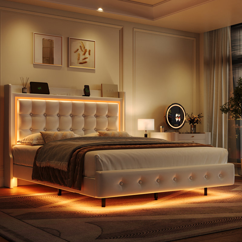 Upholstered Platform Bed with LED Lights, Charging Port, Floating Bed, Queen, White