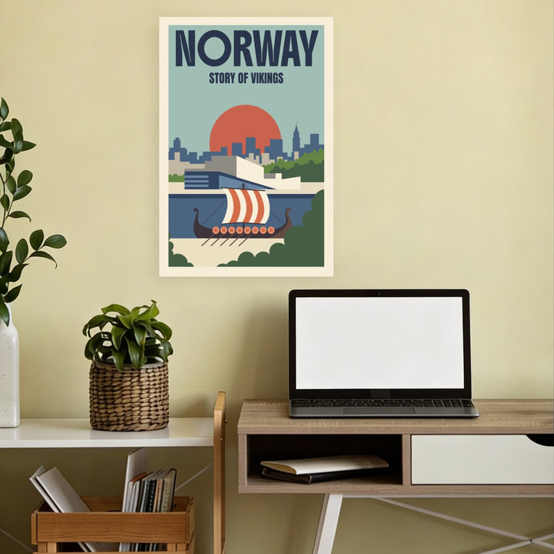 Norvège, bateau viking, paysage urbain moderne, architecture abstraite, art mural, H 18 po x l 12 po