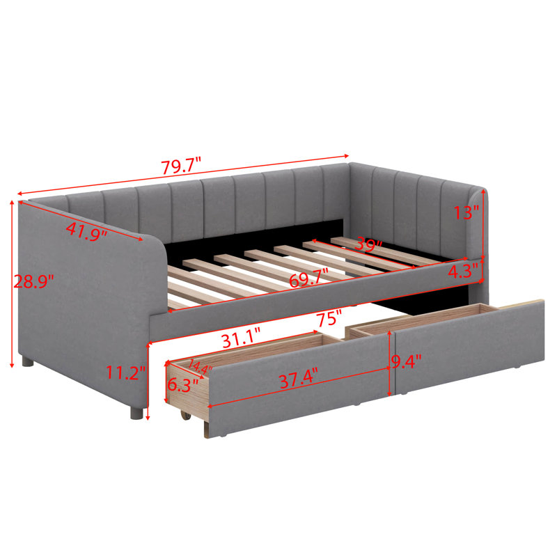 Shanav Twin Size Upholstered Daybed with Ergonomic Design Backrest and 2 Drawers, Gray