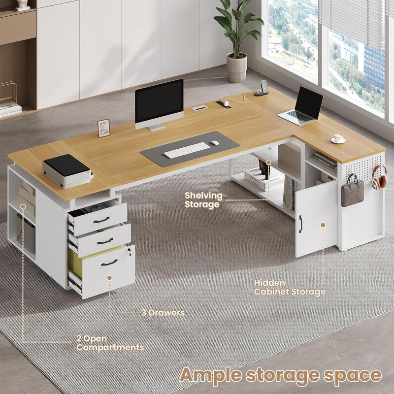 Bureau de direction de 198 cm avec classeur verrouillable, bureau en L avec prises électriques et paravent, blanc, Blanc