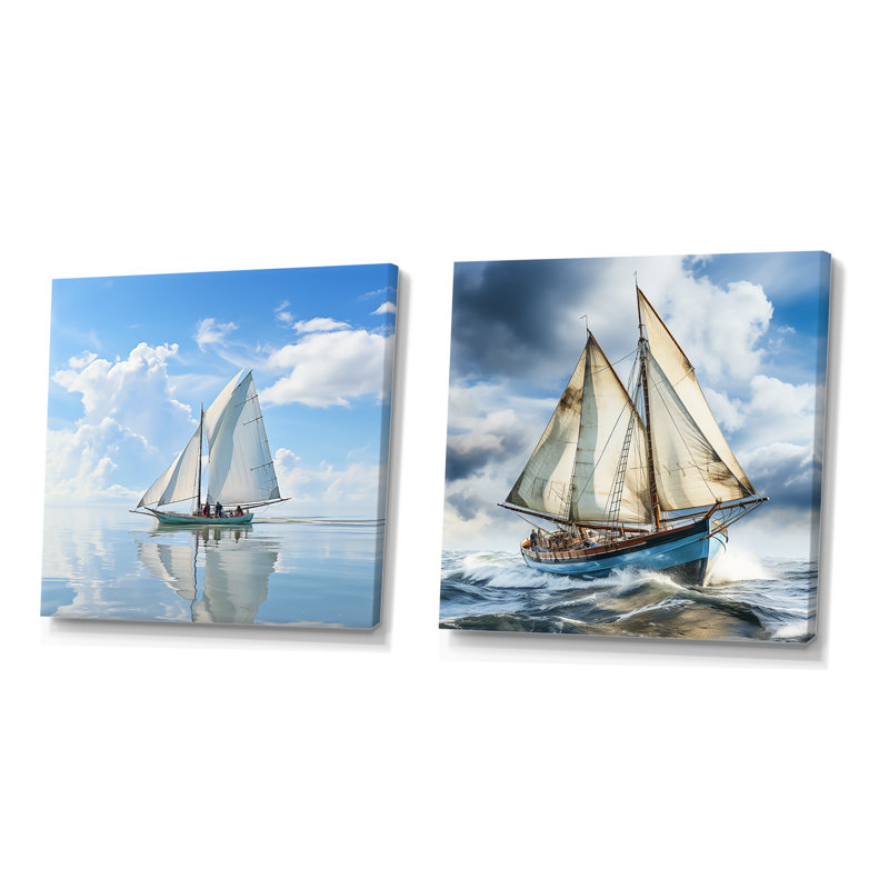 Morning Sail Horizon I - ensemble de 2 décorations murales bord de mer, Toile tendue, H 16 po x l 33 po x P 1 po