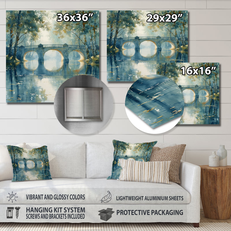 «Beige Green River Reflections Park Bridge I», art mural, Métal métal, H 30 po x l 30 po