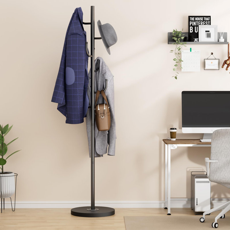 Heavy Duty Coat Rack Freestanding 4 Adjustable Size Coat Tree With Stable Wood Base Coat Hanger Stand With 6 Hooks Standing Clothes Tree For Bedroom, Black
