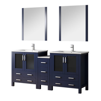 72 In. Wide Navy Blue Double Bath Vanity With White Ceramic Top, Faucet, Soft - Close Drawers, And Well Structured Storage W Side Cabinet, Faucet , Functionality, Long Lasting Durability