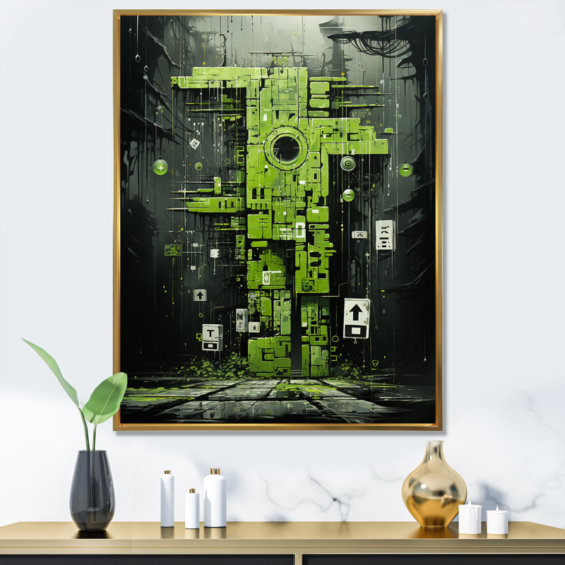 «Green Maya Shapes Mask I» - Décoration murale abstraite, Cadre flottant doré, H 44 po x l 34 po x P 1,5 po
