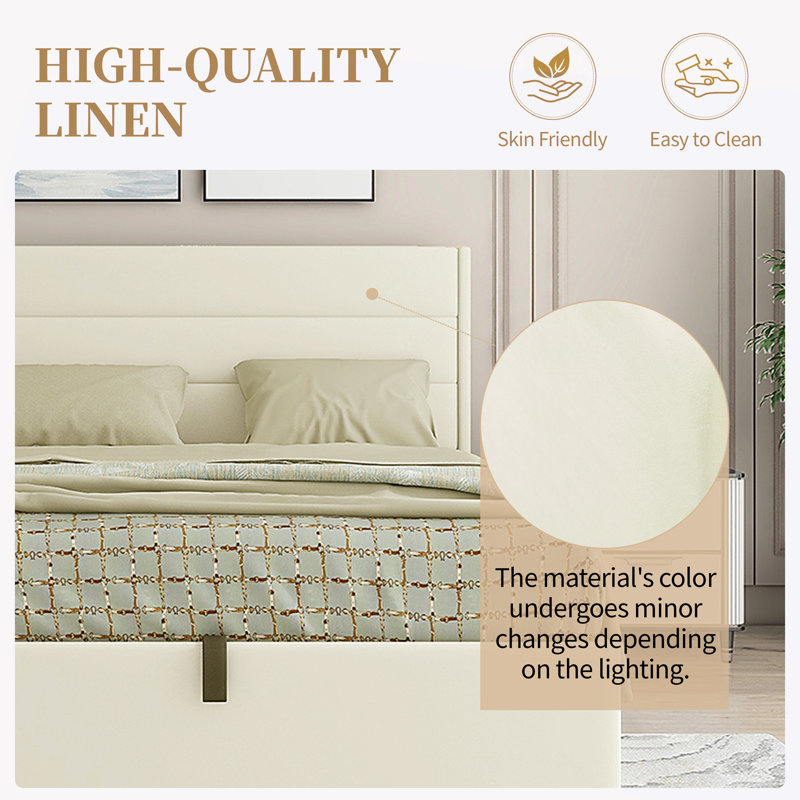 Denicolais Hydraulic Lift Up Upholstered Storage Bed with Wingback  Headboard, Queen, Velvet Cream