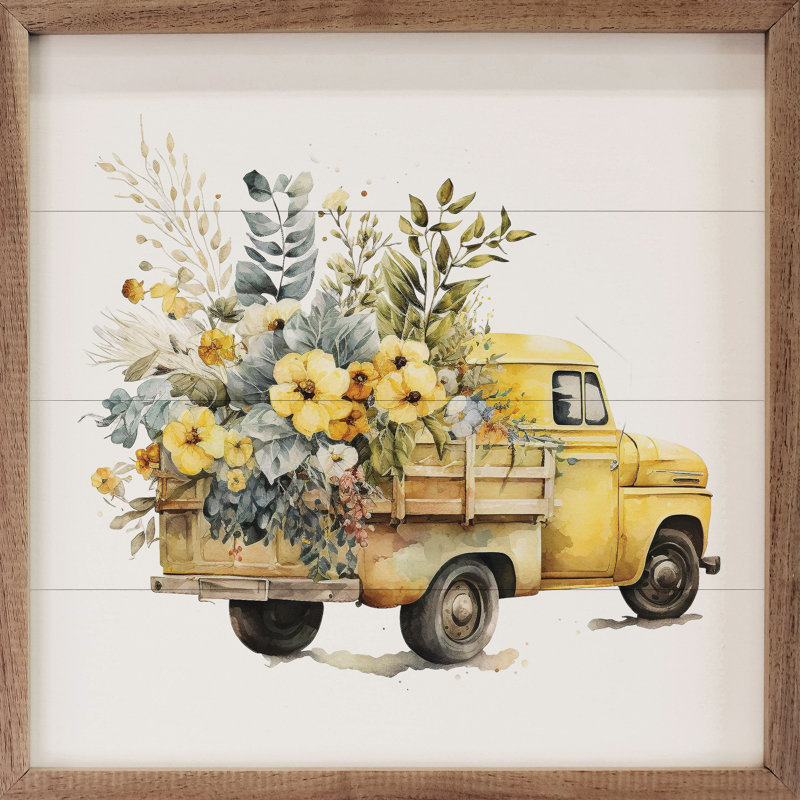 Camion jaune avec des fleurs vue arrière, H 4 po x l 4 po