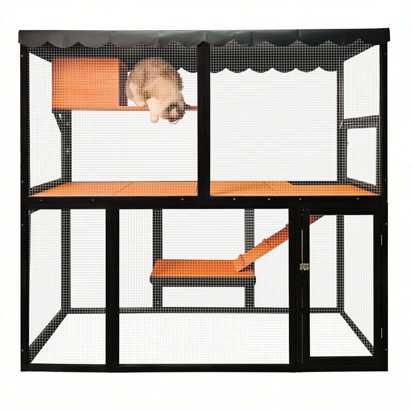 Maison d'extérieur pour chat avec configuration à 4 niveaux, bois massif et filet imperméable pour que plusieurs chats puissent y passer la nuit