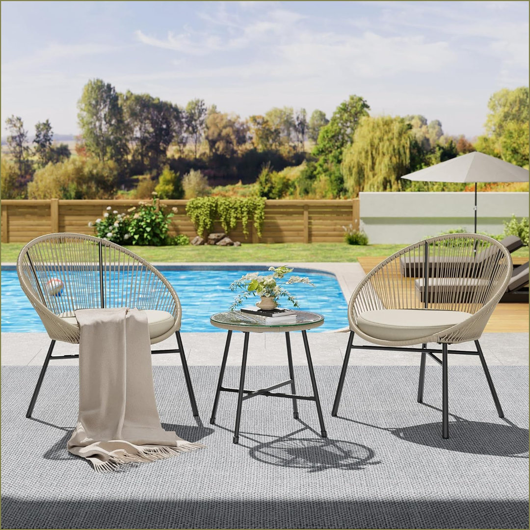 3 Piece Patio Bistro Set, Outdoor Acapulco Chairs Set Of 2 With Glass Top Table, All Weather Modern Patio Chairs With Cushions, Patio Conversation Bis