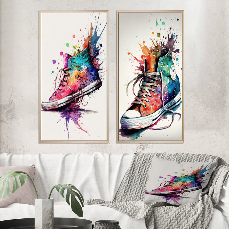 «Multicolor Sneaker Shoe», 2 pièces sur toile, H 40 po x l 40 po, Encadrement brun