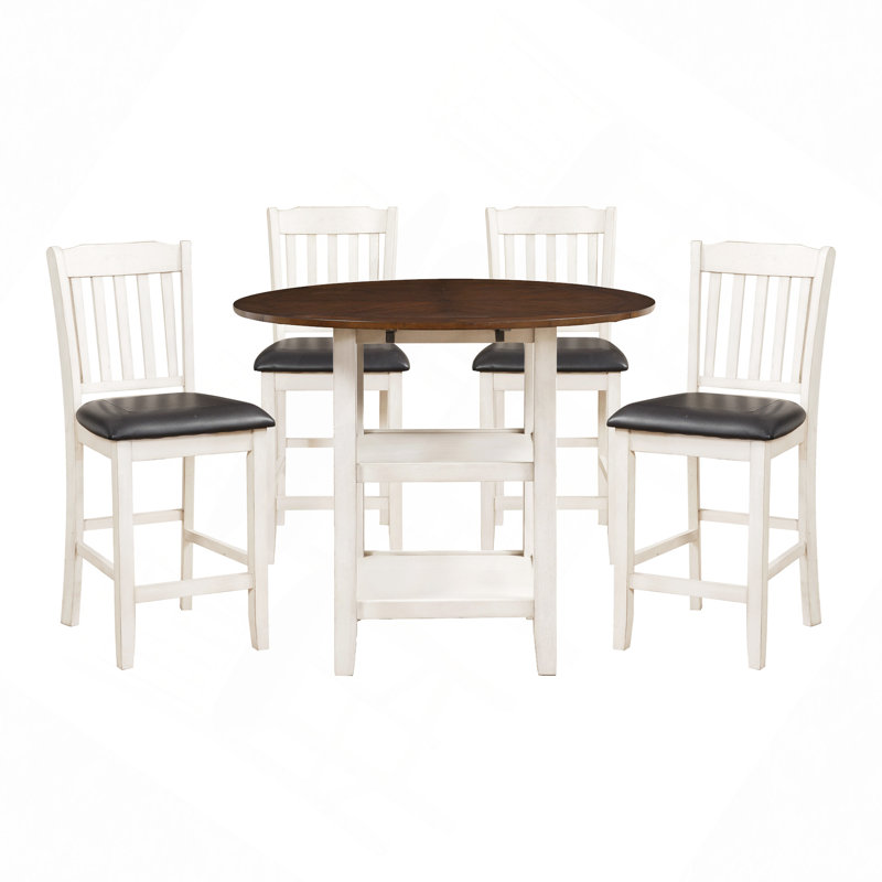 Table de salle à manger blanche 5 pièces à hauteur de comptoir avec 2 tablettes inférieures et 4 chaises