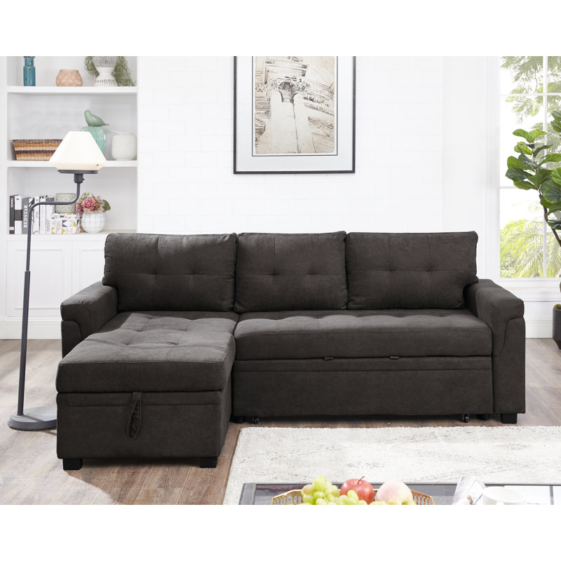 Reversible Velvet Sectional Sleeper Sofa Bed with Storage Chaise – Pull Out Convertible Couch, Espresso Velvet