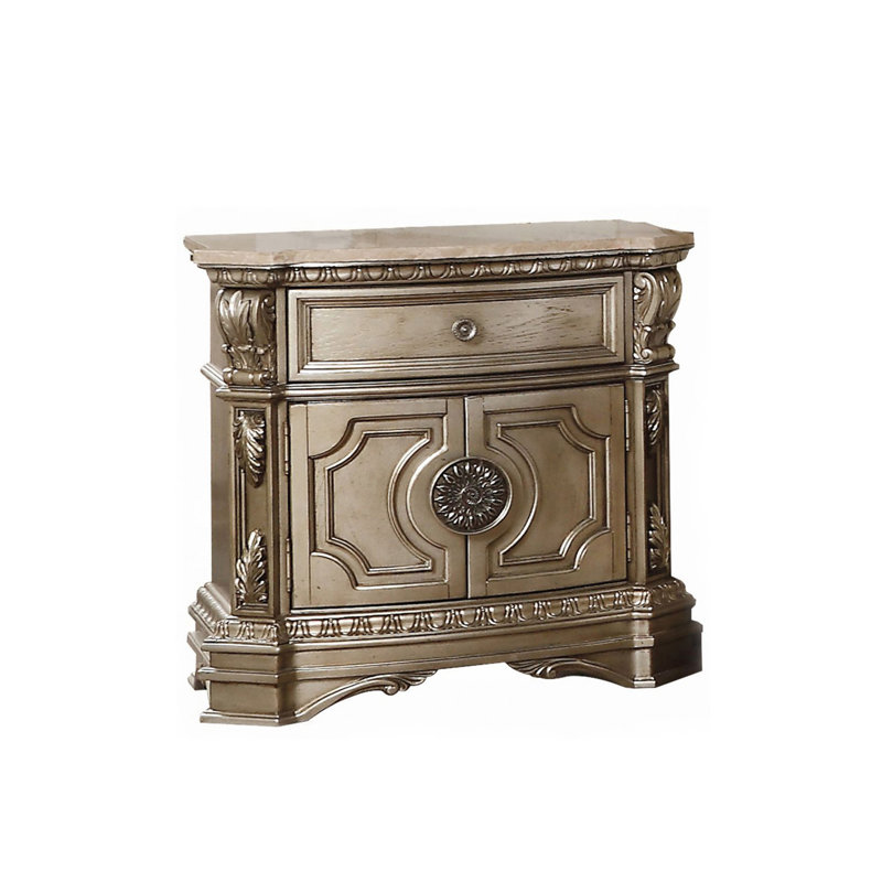 1 Drawer And 2 Wooden Doors Nightstand With Marble Top