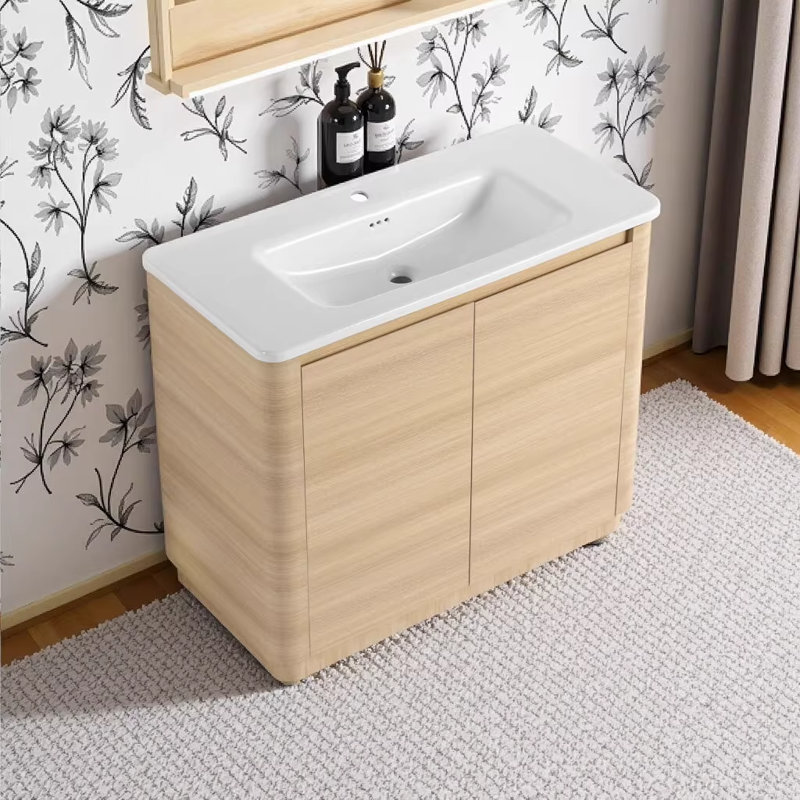 Meuble-lavabo autoportant de 40 pouces avec lavabo en céramique blanche et portes à fermeture douce, armoire en contreplaqué moderne au fini chêne blanc américain