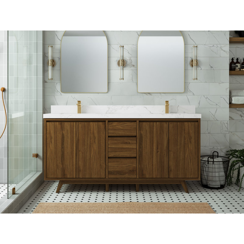 72'' Dark Natural Teak Double Bathroom Vanity with Calacatta Black Top