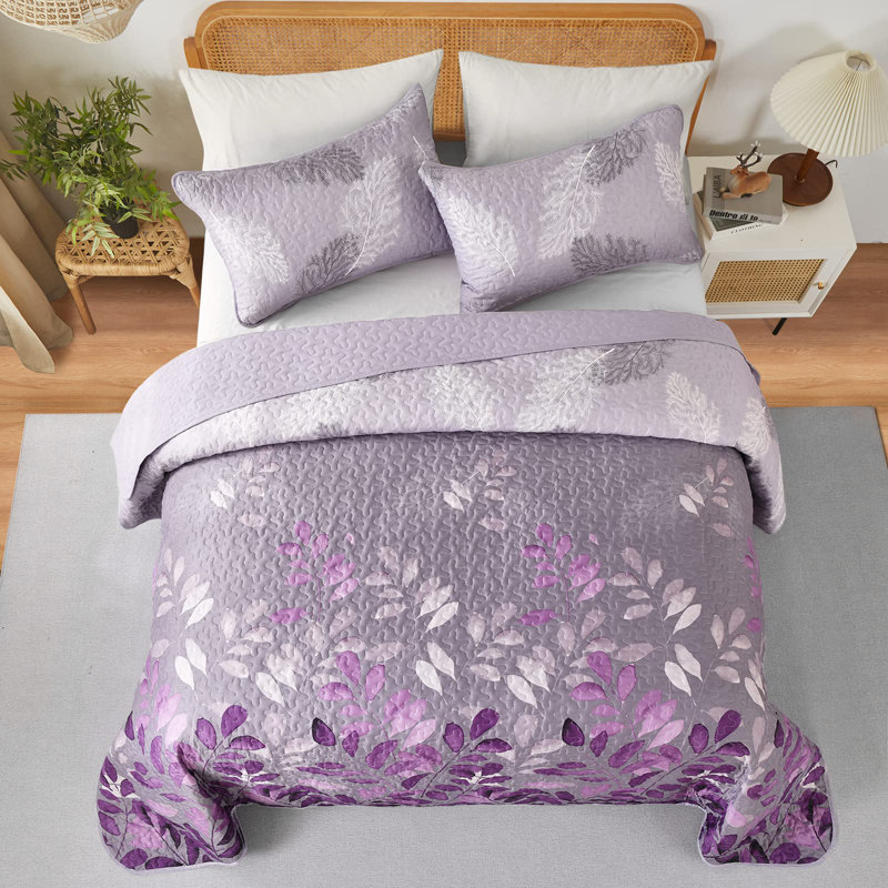 3 Pieces Soft Microfiber Lightweight Gradient Floral Quilt Set, Queen Quilt + 2 Queen Shams, Purple