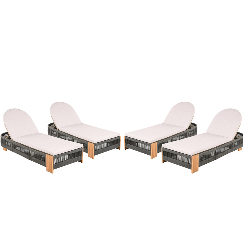 Patio Outdoor Wood Adjustable Lounge Chair Of 4 For Backyard Pool Garden, Natural Iron & Grey Rope, Material, Five - Position Adjustment Garden Uncushioned 4, Rope Iron, Rustic Style, Comfortable