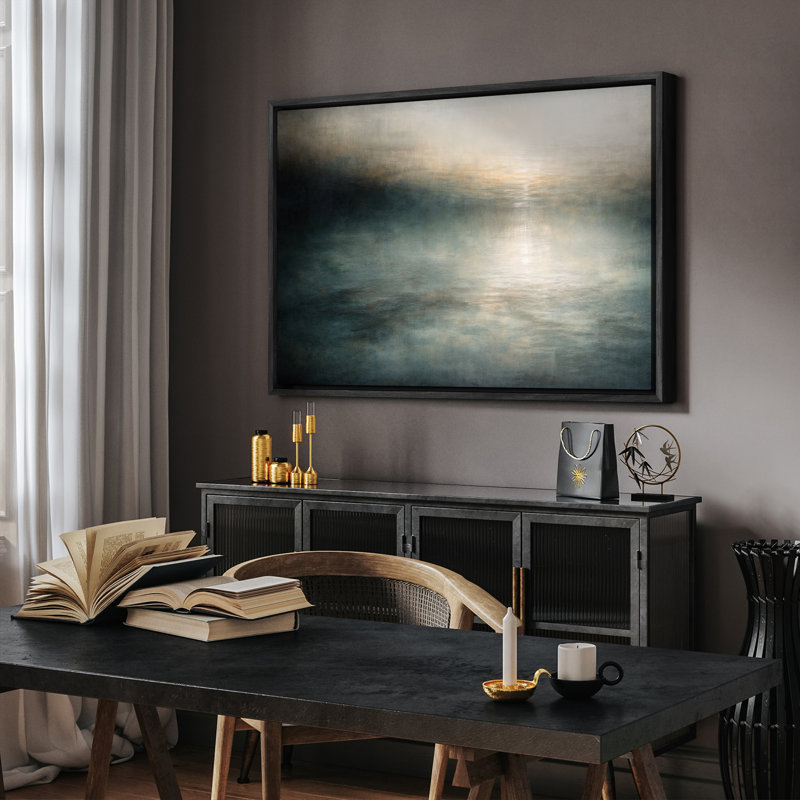 «Misty Blue Abstract Seascape Light Reflection Horizon», reproduction d'art encadrée, H 16 po x l 24 po, Noir