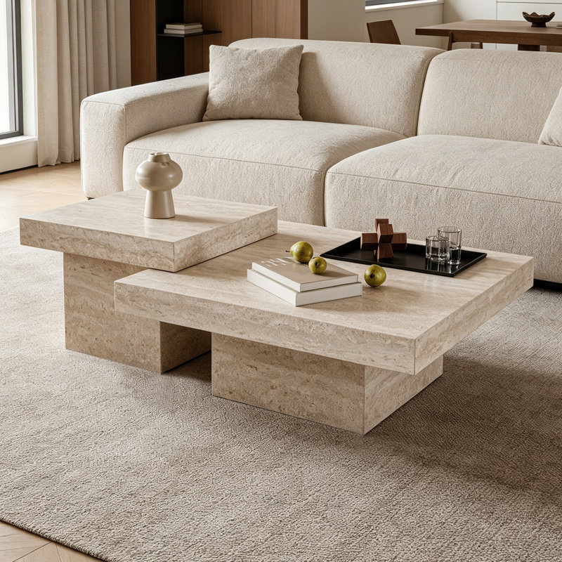 Ensemble de tables basses carrées avec plateau Living Room, H 13,77 po x L 39,37 po x l 39,37 po, Beige, Beige