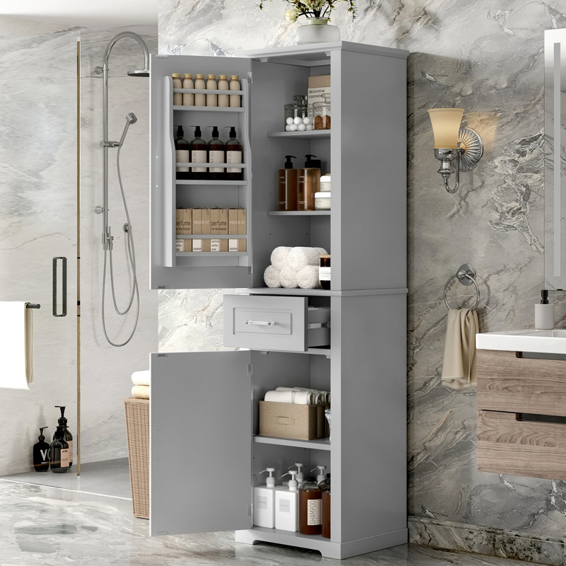 Tall Bathroom Storage Cabinet, Freestanding Storage Cabinet With Two Different Size Doors And Adjustable Shelf, Door Shelve Design, MDF Board With Painted Finish, Gray