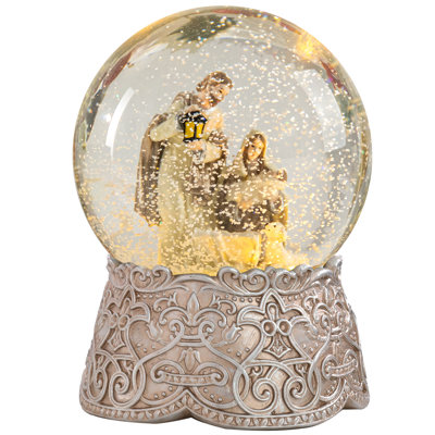 Boule à neige scène de Noël musicale - décor de fête religieuse avec neige scintillante, crèche de Noël, fonction musicale et base argentée