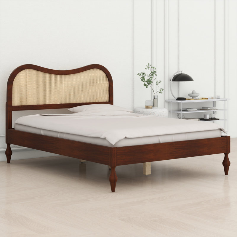 Lit plateforme courbé en rotin, Grand lit, Noyer