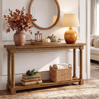 63" Solid Wood Conosle Table for Living Room, 2-Tier Narrow Entryway Table with Storage