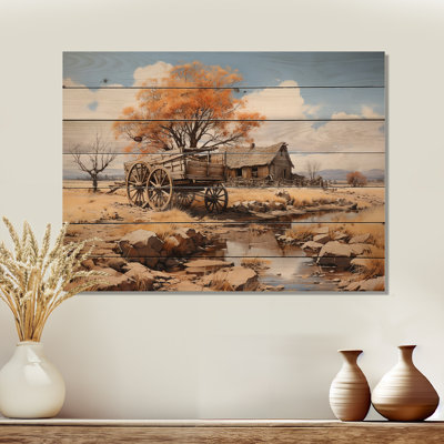 «Old Western Wagon» dans le Nevada - Vieille charrette américaine, art sur bois de pin naturel