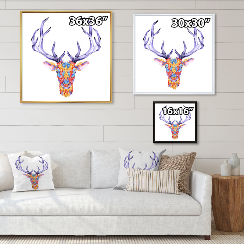 Tête de cerf multicolore, H 36 po x l 36 po x P 1,5 po, Toile avec cadre flottant blanc