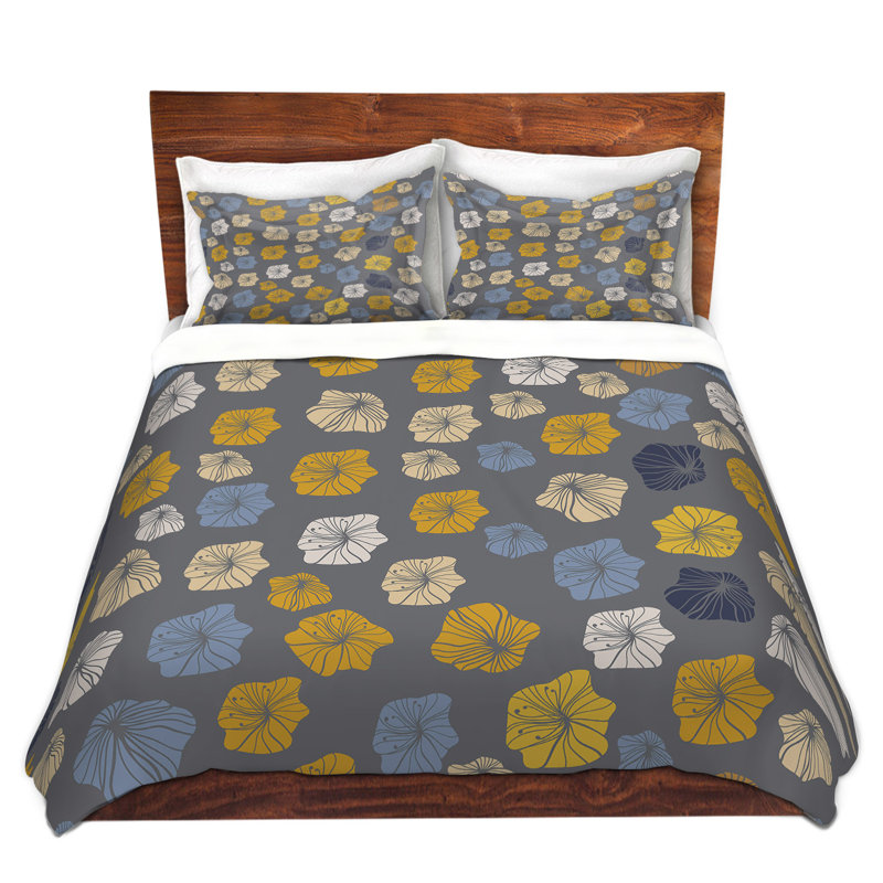 Polyester Floral Duvet Cover, 1 Twin Duvet Cover + 1 Standard Sham, Gray/Ivory/Yellow