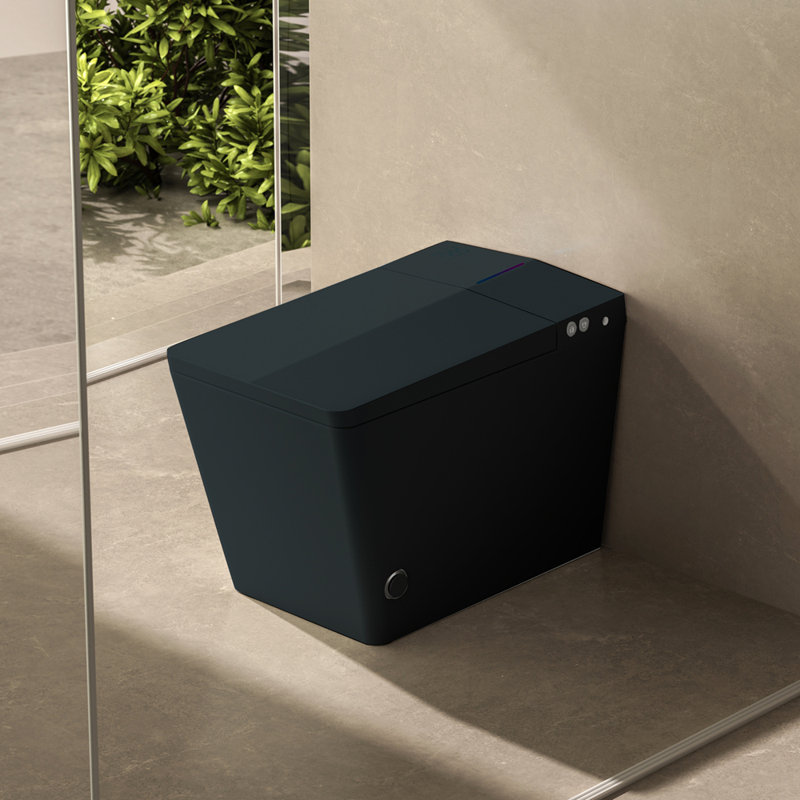 Toilette intelligente carrée noire avec réservoir intégré pour la salle de bain, télécommande, toilette bidet sans réservoir avec ouverture à couvercle tactile, chasse d'eau automatique, siège chauffant, affichage numérique à DEL, mémoire utilisateur, noir mat