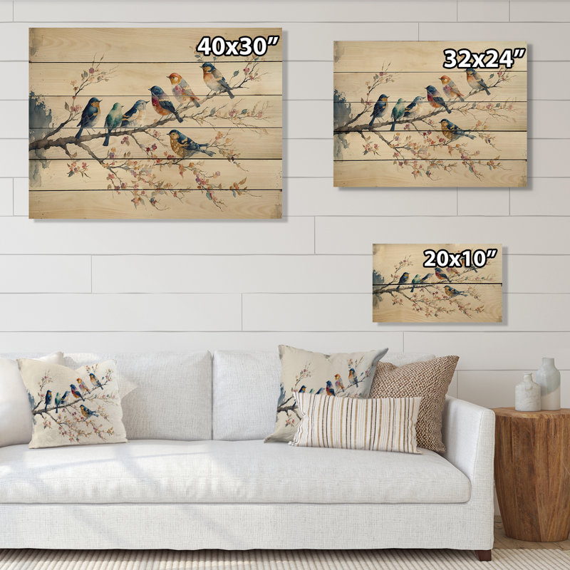 Multicolore oiseaux sur fleurs de prunier - Art mural en bois animaux - Bois de pin naturel, L 32 po x H 24 po