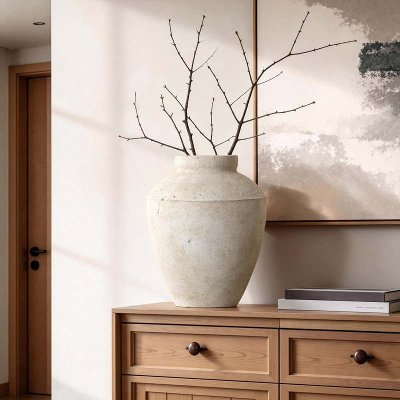 Rustic Textured Stone-Finish 15.5'' Tall  Ceramic Jar Vase