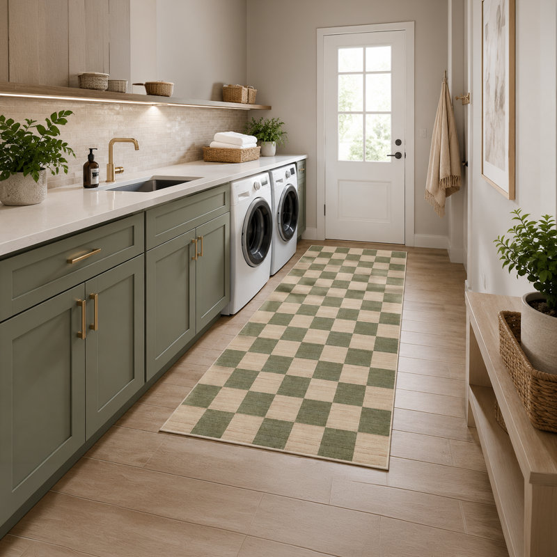 Tapis à carreaux lavable à la machine, Olive & Sand, 12x2.5 ft, Runner