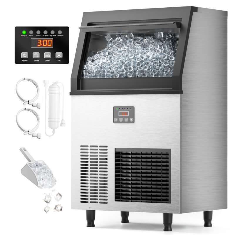Coolake Commercial Ice Maker Machine 130lbs/24h, Under Counter Ice Machine With 34lbs Storage, 115v Air Cooled Stainless Steel Freestanding Ice Maker For Home Restaurant Outdoor