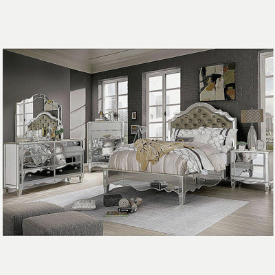 Glam Silver Finish 1pc Nightstand Mirror Panels Ornate Accents Curved Feet Crystal Drawer Knobs Bedside Table Bedroom Furniture