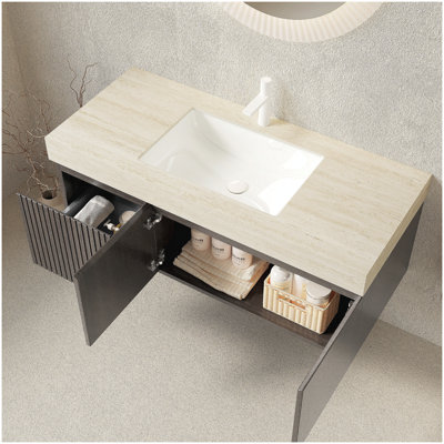 Meuble-lavabo flottant 48 po avec rangement en contreplaqué, comptoir en pierre frittée, lavabo en céramique et trou de robinet pré-percé, finition grain de bois espresso