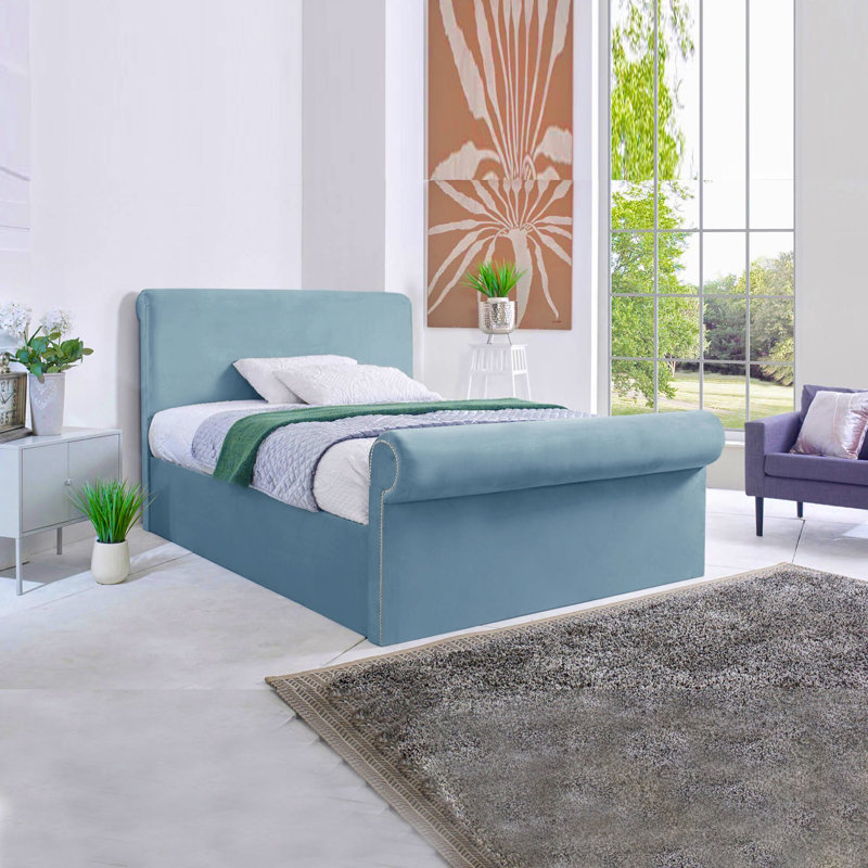 Cianne Upholstered Velvet Sleigh Bed, Double (4'6), Sky Blue