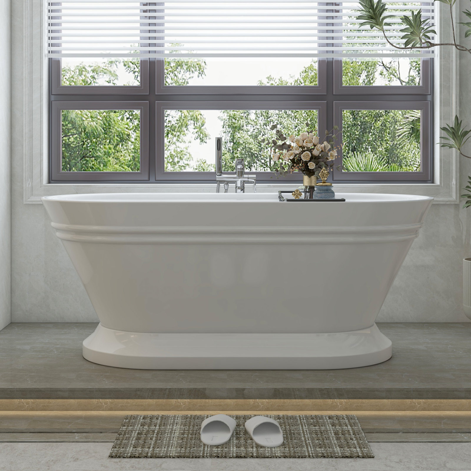 Athena 59" Freestanding Soaking Acrylic Bathtub, White/Titanium Gold