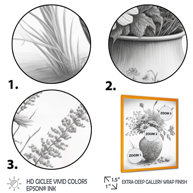Nature morte au crayon monochrome noir et blanc III - reproduction sur toile, H 32 po x l 24 po x P 1 po, Encadrement doré