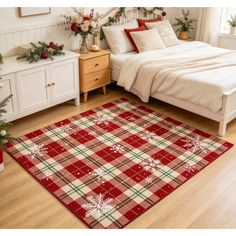 Tapis de Noël à carreaux flocons de neige 5x7 rouge et blanc, Red/White, 5*7
